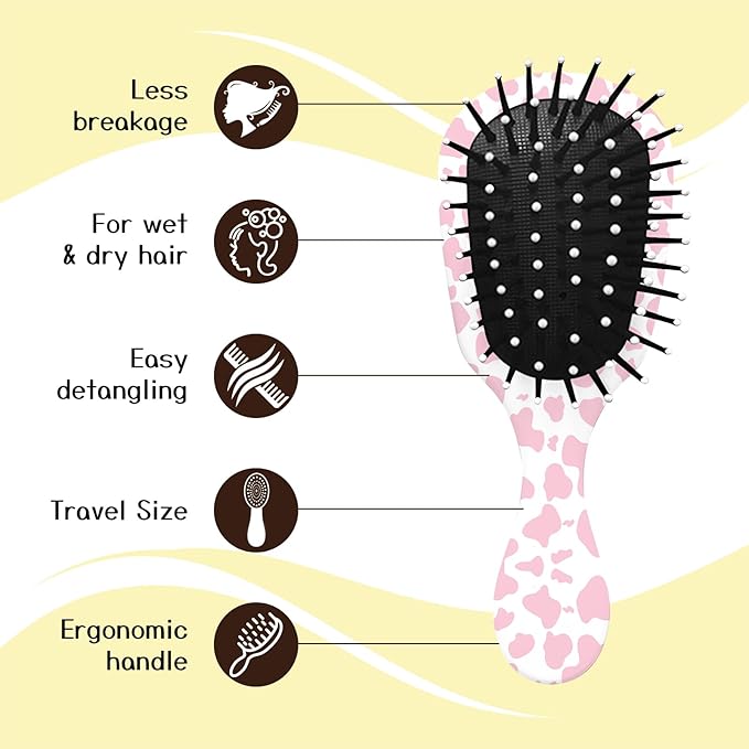 Mini Hair Brush,Cute Detangling Travel Hair Brush,Soft Bristles for Effortless Tangle Removal,Detangler Hairbrush for Women Men Boys Girls Kids Wet Dry All Hair Types (Pink Cow, Mini)