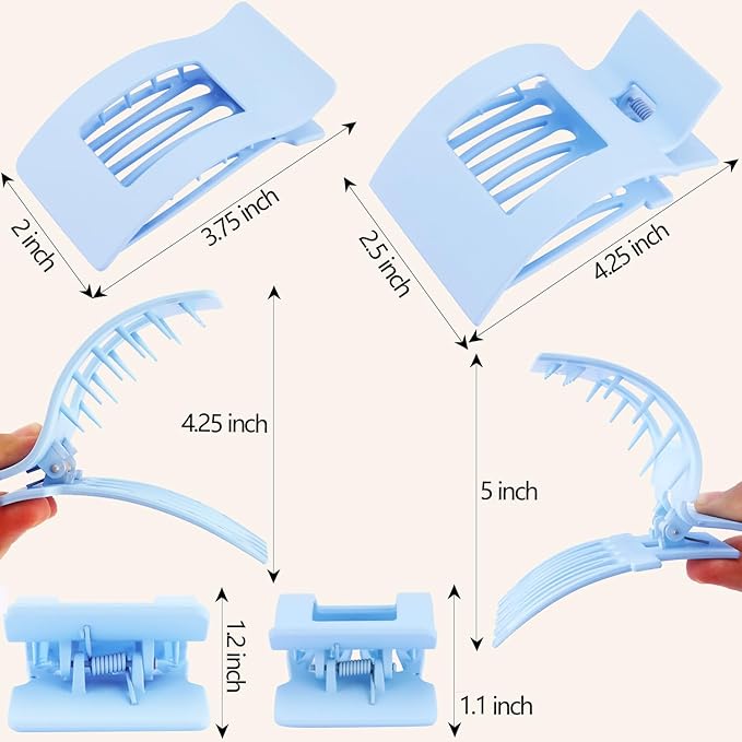 Velscrun Flat Hair Clips for Women Girls, 2 Styles 8 Pcs Lay Flat Claw Clips, Strong Hold French Duck Billed Large Side Hair Jaw Clip for All Hair Types, Non Slip Grip for Daily Styling Blue