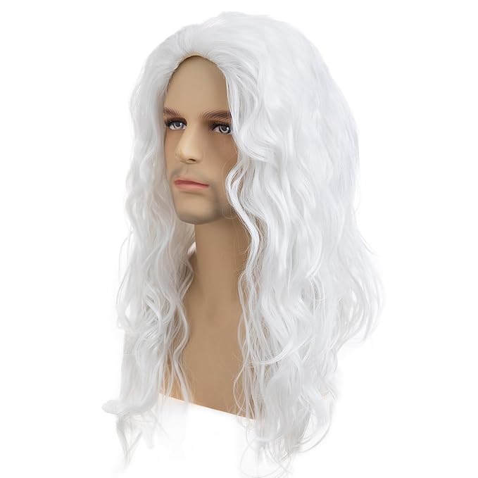 Baruisi Long Curly Wavy White Wigs for Men Synthetic Natural Party Halloween Cosplay Hair Wig，Cream White