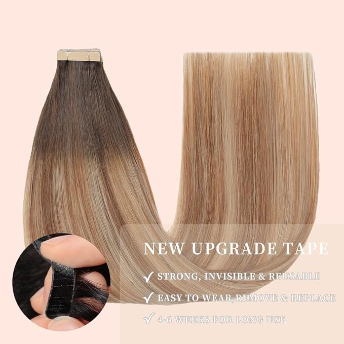 Human Hair Tape in Extensions, Chestnut Brown to Light Brown Mixed Light Blonde Hair Extensions Real Human Hair 22 Inch 20pcs Remy Straight Tape ins Invisible Tape in Hair (2/6/18K#,22 Inch)