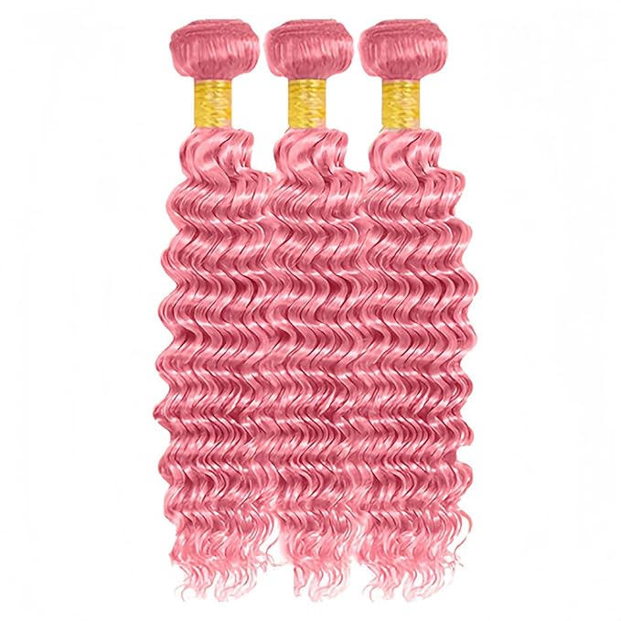 Pink Human Hair Bundles Pink Deep Wave Bundles 20 22 24 Inch Niegmeag Peruvian Virgin Soft and Skily Remy Hair Extensions Light Pink Color 300g