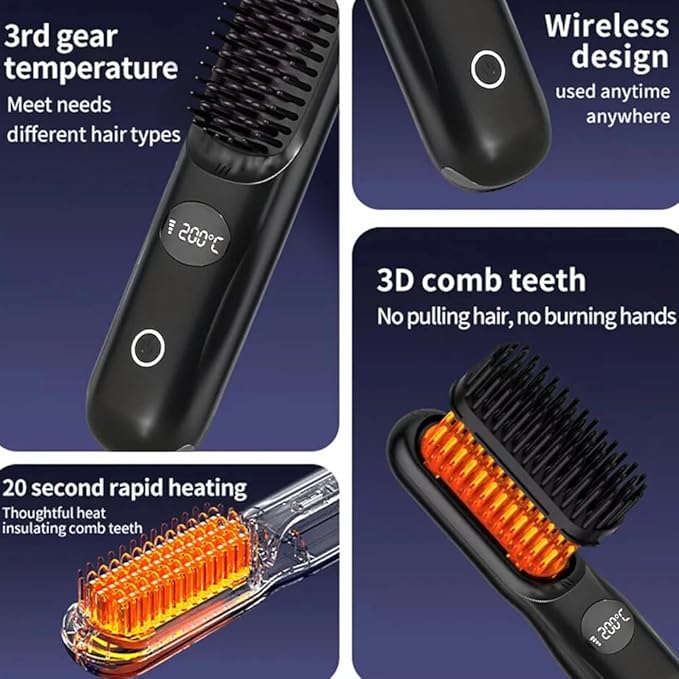 Cordless Hair Straightener Brush: Portable Rechargeable Heated Straightening Comb with LED Display & 3 Temperature Settings - Travel Hair Brush for Smooth Frizz-Free Styling (Pink)