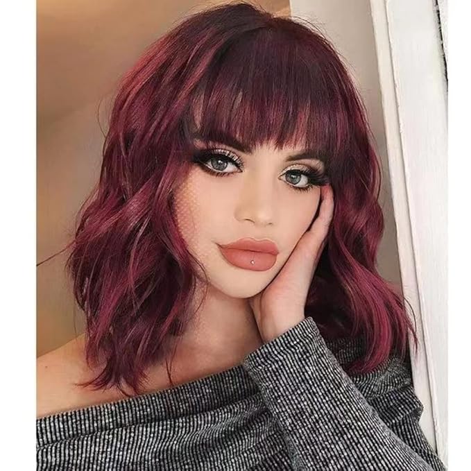 NOBLE Synthetic Ombre Burgundy Wig Short Wavy Wigs With Air Bangs Shoulder Length Wig For Women Curly Wavy Heat Resistant Synthetic Colorful BOB Wigs