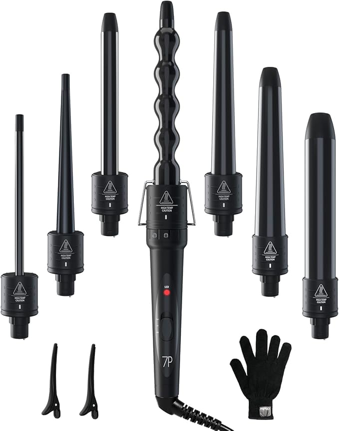 7 in 1 Curling Wand Set: Ohuhu Curling Iron Wand 7Pcs 0.35 to 1.25 Inch Interchangeable Ceramic Barrel Heat Protective Glove 2 Clips Dual Voltage Hair Curler Girl Women Mother Christmas Gift Black