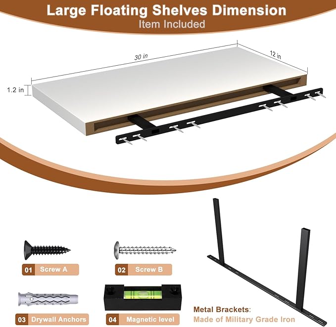 12 Inch Deep Floating Shelves for Wall 1 Pack White Floating Shelves Large Storage Space Wall Mount Shelf for Living Room Kitchen Bathroom 30" W x 12" D x 1.2" H White