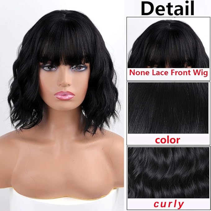 MISSQUEEN Short Wavy Black Wig with Bangs, Short Black Bob Wigs for Women, Wavy Bob Wig with Bangs Synthetic Natural Looking Heat Resistant Fiber Wigs