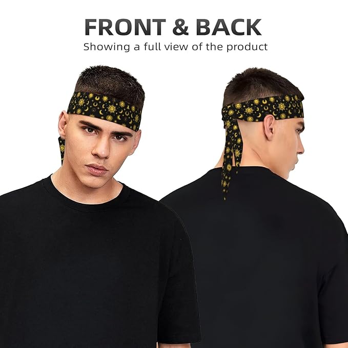 Men Women Sports Sweat Bands, Multifunction Long Head Ribbon for Yoga Workout Shower, Fashion Sun Moon Star Gold Black Headwear Hair Decor