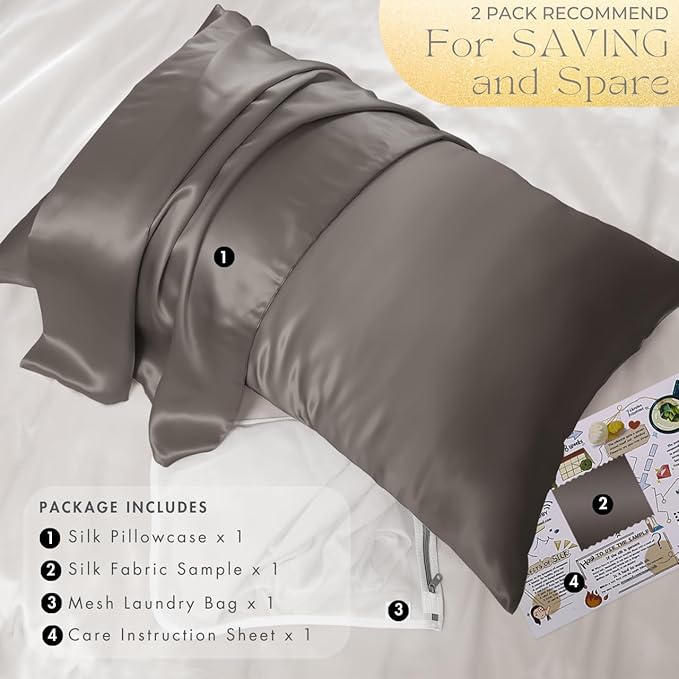 PROMEED Grey Silk Pillowcase Queen Size - Both Sides 23 Momme Grade 6A+Mulberry Silk Pillow Case Covers for Hair and Skin, Soft and Acne Free (Queen 20"x30", Grey)