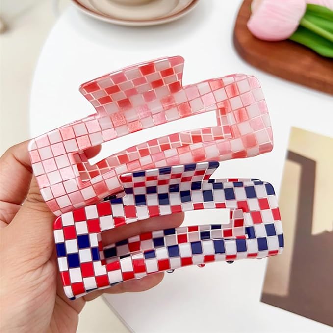 Checkered Hair Claw Clips for Women Ladies, 4inch Fashion Large Hair Clips for Styling Claw Clamps Thick Hair Retro Rectangle Shape Hair Jaw Clips (3 Pack)