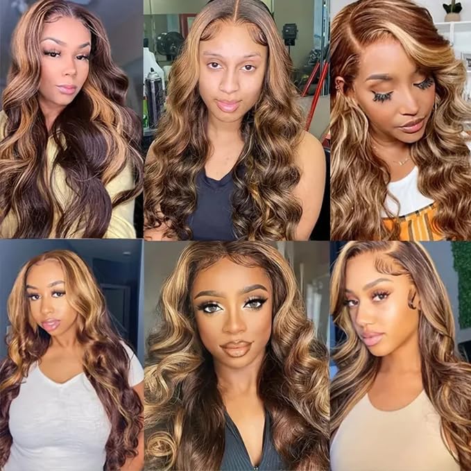Highlight Bundles Human Hair Light Brown Body Wave Bundle Niegmeag Brazilian Virgin Remy Hair 3 Bundles 16 18 20 Inch Double Weft 2 Tone Black and Light Brown Bundle P1B30 Color