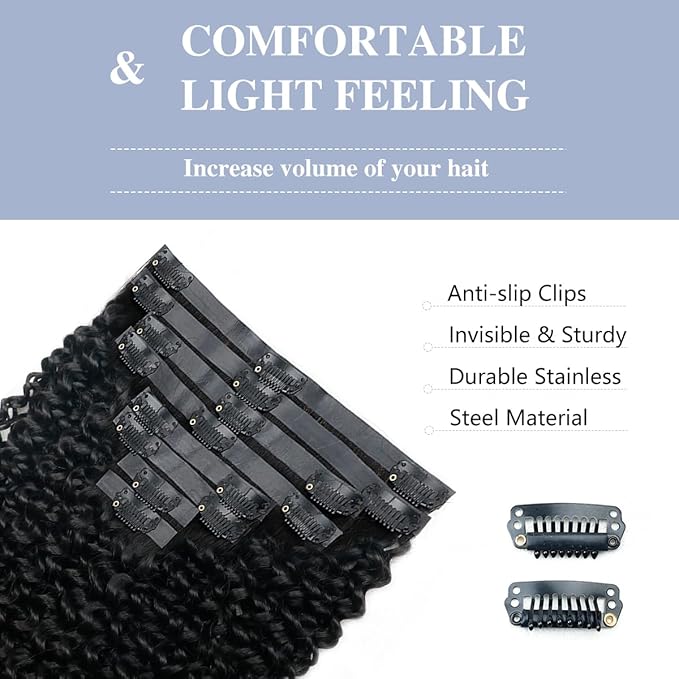 2 Pack 240g Curly Clip in Hair Extensions Real Human Hair 16 Pcs Seamless Clip ins for Women Full Head with PU Skin Weft 15A Remy Human Hair 14inch Natural Black