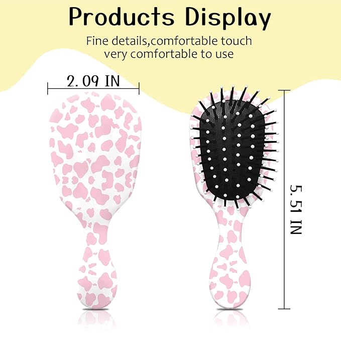 Mini Hair Brush,Cute Detangling Travel Hair Brush,Soft Bristles for Effortless Tangle Removal,Detangler Hairbrush for Women Men Boys Girls Kids Wet Dry All Hair Types (Pink Cow, Mini)