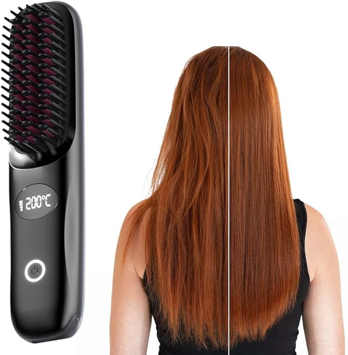 Cordless Hair Straightener Brush: Portable Rechargeable Heated Straightening Comb with LED Display & 3 Temperature Settings - Travel Hair Brush for Smooth Frizz-Free Styling (Black)