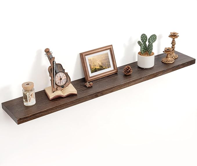 Floating Shelves for Wall Decor, 8 Inch Deep Rustic Solid Elm Wood Floating Shelves Wall Mounted, Wall Shelves with Invisible Bracket for Living Room Bathroom Bedroom Kitchen, 48 Inch Set of 1, Walnut