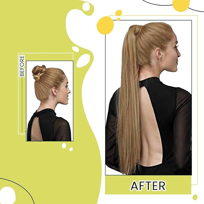 RUNATURE Human Hair Ponytail Extension Dark Blonde with Caramel Blonde Hair Ponytail Extension Human Hair with Magic Paste Short Straight Pony Tails Hair Extensions Straight Full Ends 14 Inch 70g