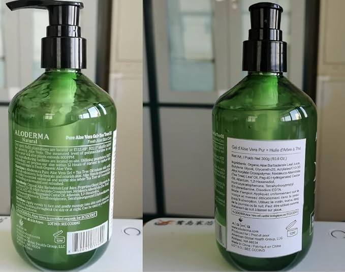Aloderma Aloe Vera Gel + Tea Tree Oil, Made with Refreshing Organic Aloe for After Sun Skin Care, Multipurpose Use for Hair and Scalp, and Face or as a Shaving Gel or Aftershave - 10.6Oz x 2btls