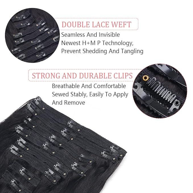 Straight Clip in Hair Extensions Real Human Hair 8Pcs Remy Human Hair Clip ins for Women, Natural Soft Human Hair, 120g 32inch #1B Natural Black
