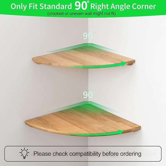 Corner Shelves, Floating Corner Shelf, Set of 2 10inch Solid Oak Wood Corner Wall Shelves, Round End Wall Mount Display Shelf with Wire Hole for Bedroom Kitchen, Living Room