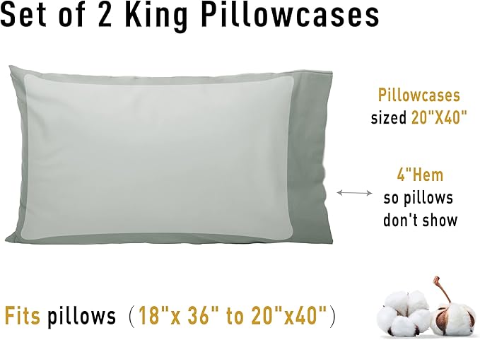 Sunflower King Pillowcases Set of 2, 100% Cotton King Pillow Cases 2, 20×40 inches Storm Grey, Soft and Breathable