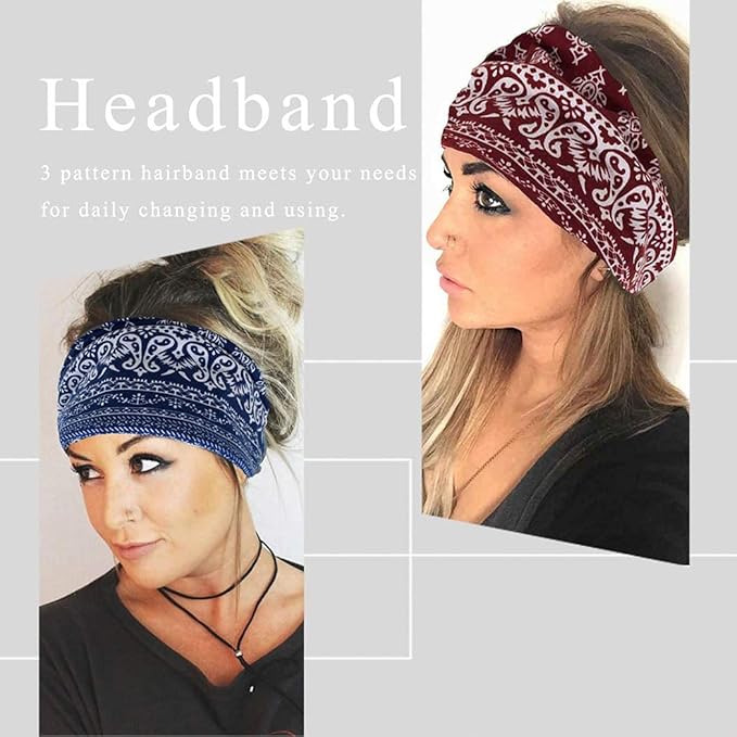 Yeshan Wide Bandana headbands for Women Boho Bandeau Headband Knot Hair Scarf Bands Stretch Floral Printed Non Slip Head bands Elastic Turban Head Wraps Thick African Headband,Pack of 6