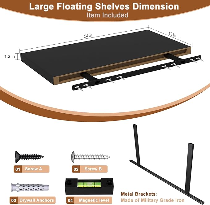 12 Inch Deep Floating Shelves for Wall 2 Pack Floating Shelves Large Storage Space Wall Mount Shelf for Living Room Kitchen Bathroom 24" W x 12" D x 1.2" H Black