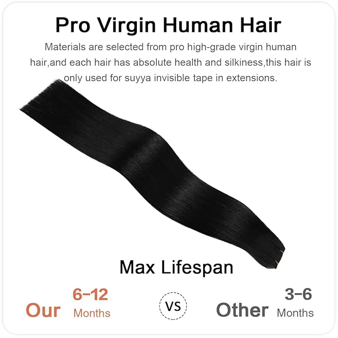 SUYYA Invisible Tape in Hair Extensions Human Hair Jet Black Seamless Injected Hand-Tied Pro Quality Virgin Human Hair 20PCS 40G/Pack Straight Tape Ins(14 inch #1 Jet Black)