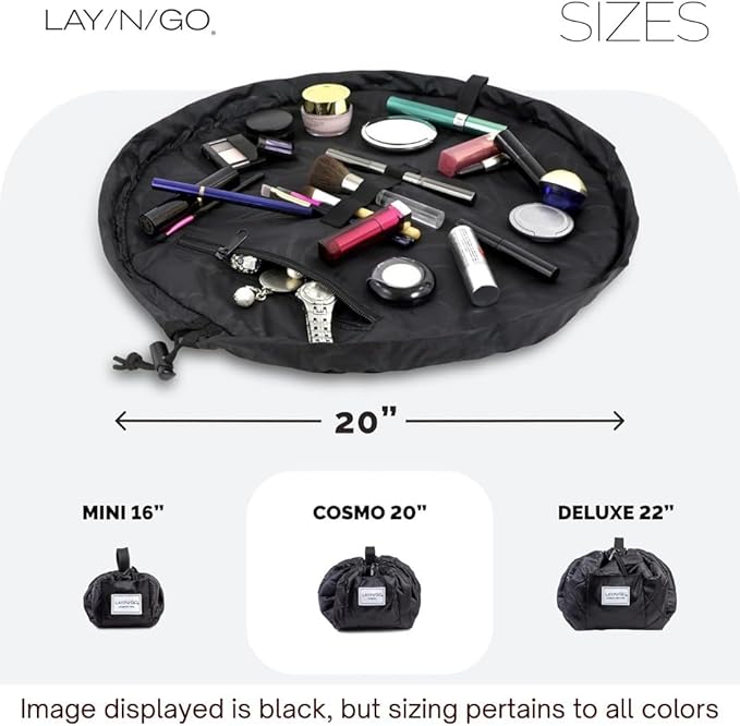 Lay-n-Go Cosmo Layflat Drawstring Cosmetic & Makeup Bag Organizer - Portable Drawstring Bag w/Zipper Pocket, Makeup Loops & More - Durable, Machine Washable Toiletry Bag for Travel (20", Checked)
