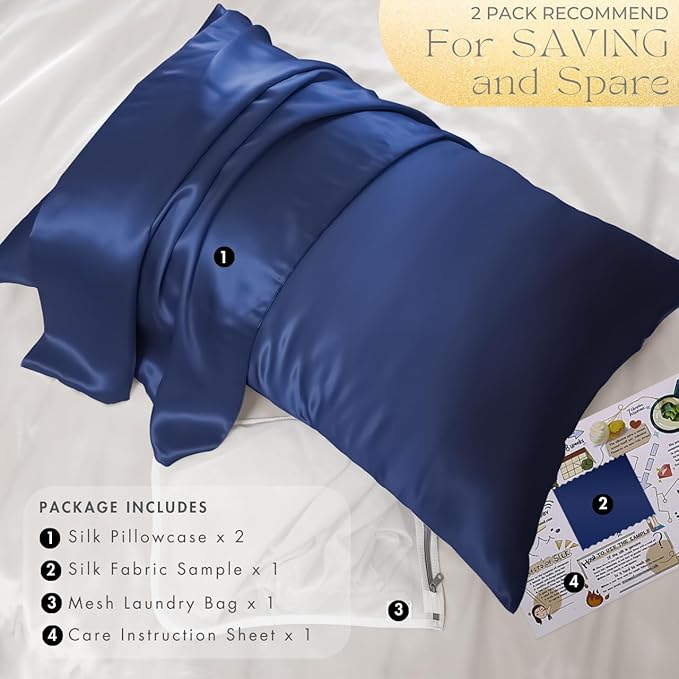 PROMEED 23 Momme Silk Pillowcases 2pcs Set, Mulberry Silk Pillow Case Set of 2, Ultra Soft Silk Pillowcase for Hair and Skin (Queen 20"x30", Navy)