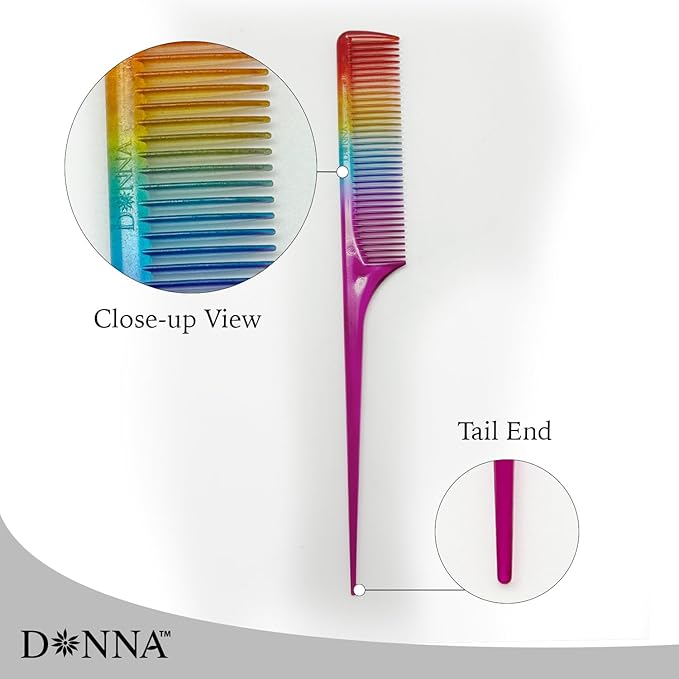 DONNA Bone Tail Comb – Assorted Color Pastel Styling Comb for Sectioning, Volume & Parting – Fine Tooth Hair Comb for Women, Men & Professionals (RAINBOW)