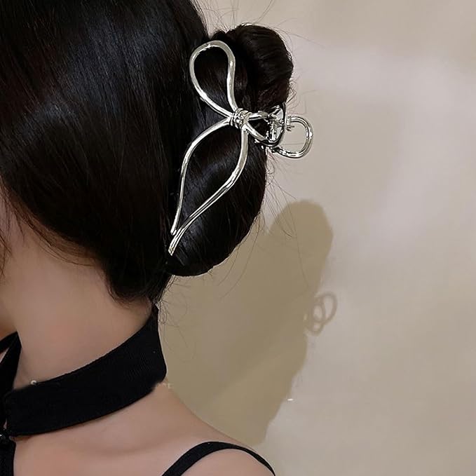 Silvery Bowknot Metal Hair Clips - Elegant Non-Slip Strong Hold Grip Jaw Clips for Thick Hair Accessories