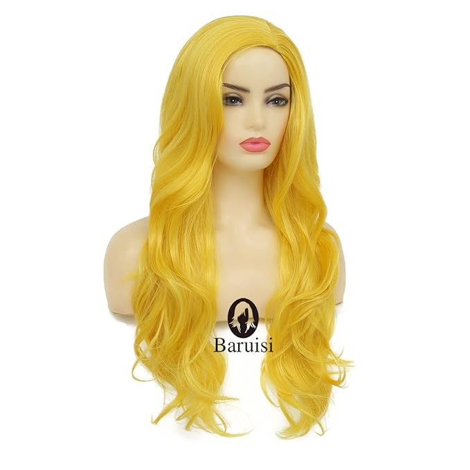 Baruisi Long Curly Wavy Yellow Wigs for Women Side Part Natural Looking Cosplay Synthetic Fiber Wig Heat Resistant Replacement Wig