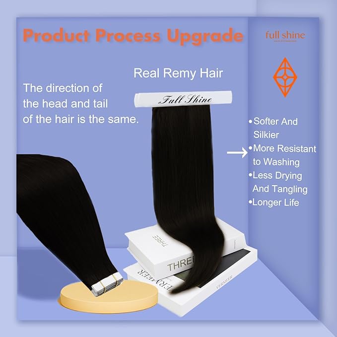 Full Shine Tape in Hair Extensions Real Human Hair 16Inch Remy Seamless Invisible Tape in Extensions Jet Black Color 1 Straight Human Hair Extension for Women 50G 20Pcs Add Volume Double Sided Natural