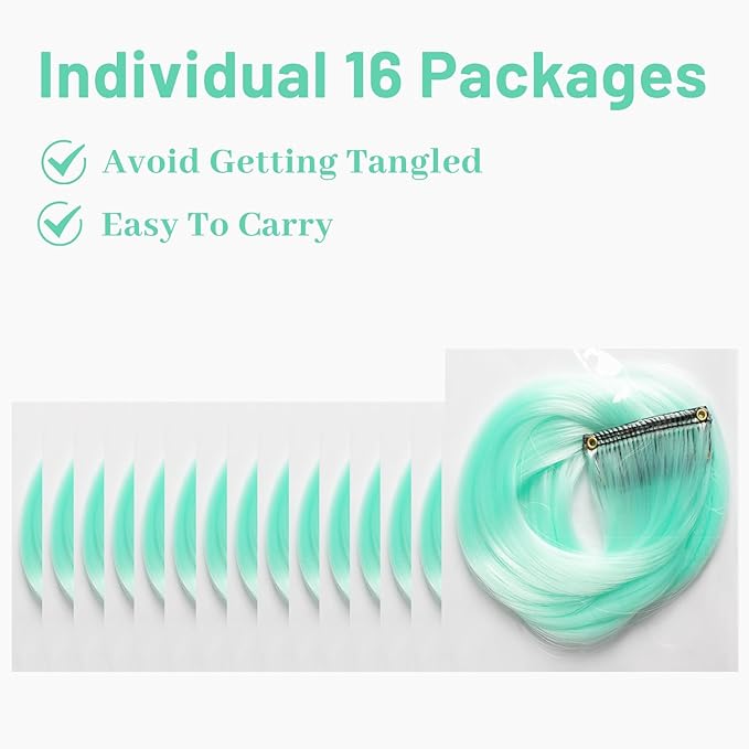 16 Pcs Mint Green Hair Extensions Curly Wavy Clip in Synthetic Hair Extensions,Colorful Party Highlights Hairpiece Streak for Girls Women Kids Cosplay Party Christmas Gift(Light Green)