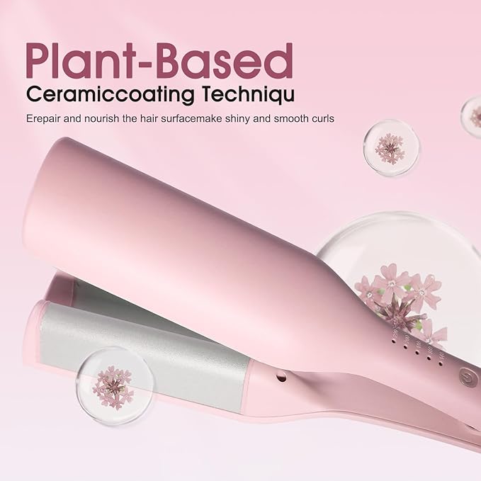 Beach Wave Curling Iron Deep Waver Hair Tool, Mermaid Hair Waver for Women Crimper, Anti-Scald, Dual Voltage, 1.4 Inch Ceramic Double Barrel Wavy Curling Iron, Pink
