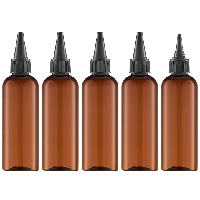 Tekson Hair Color Applicator Bottles, 5 Pack Refillable Squeeze Bottle, Empty Plastic Twist Top Cap Bottles (3.4 OZ, Amber)