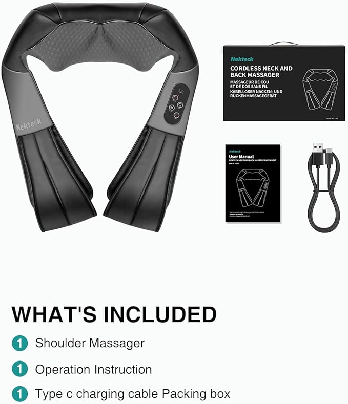 Nekteck Neck Back Massager with Heat, Cordless Shiatsu Shoulder Massager for Pain Relief Deep Tissue, Electric 3D Kneading Massage Pillow for Body Muscle, Gifts for Men Women Dad Mom