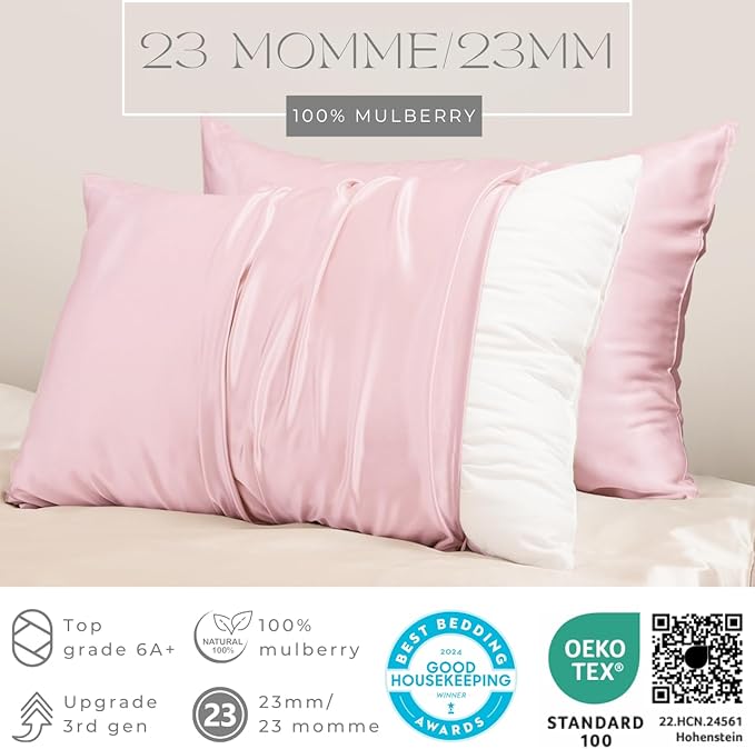 PROMEED 23 Momme Silk Pillowcase 2 Pack with Zipper, 3rd Gen Grade 6A+ 100% Mulberry Silk Pillow Case Set of 2, Cooling Pillow Cases for Hot Sleepers (Standard 20"x26", Pink)