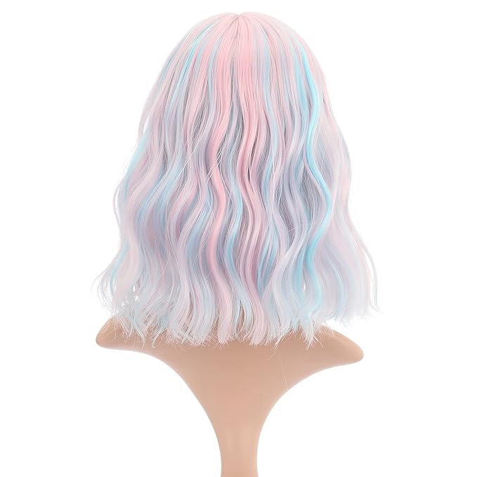 FAELBATY Mix Pink Wave Bob Wigs With Bangs Synthetic Cosplay Wig for Girl Shoulder Length Wig for Women Costume Wigs Candy Color(12" Mixed Blue Pink)