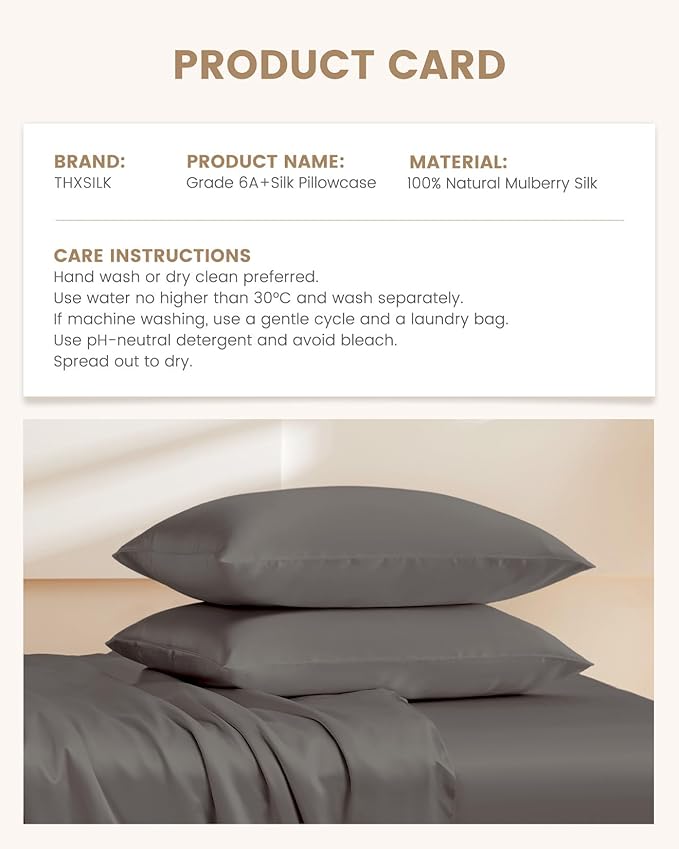 THXSILK 100% Mulberry Silk Pillow Case Silk Pillowcase for Hair and Skin, Hypoallergenic Soft Breathable Pillow Cover with Hidden Zipper, 1pc, (Dark Gray, Standard 20"x26")