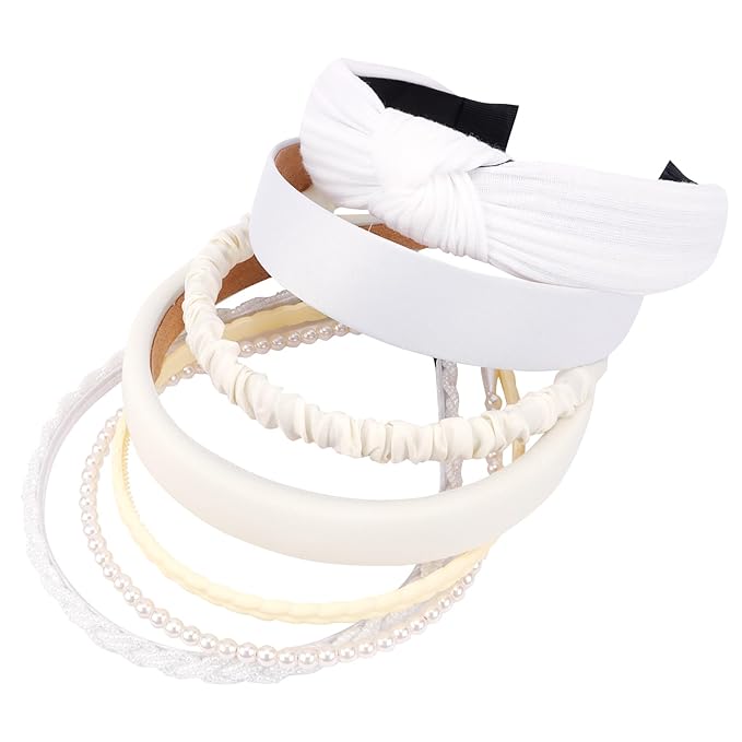 VELSCRUN Headbands for Women 7 Pcs Different White Fashion Knotted Solid Head Bands Pearl Headband Non Slip Hair Band for Womens Gilrs Thin Thick Short Hair Face Wash Hair Accessories