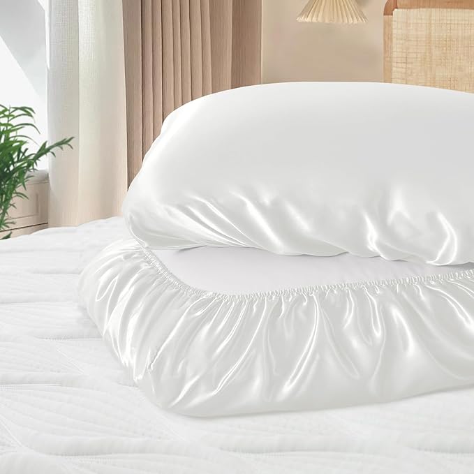 SiinvdaBZX Ivory White Satin Pillowcase Standard/Queen Size Set of 2, Silky Travel Elastic Band Satin Pillow Case for Hair and Skin, Soft Portable & Fit for Various Pillow