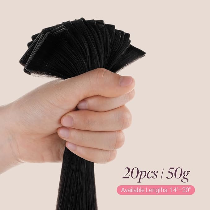 GOO GOO Genius Tape in Hair Extensions, Hand Tied Tape Weft, 1 Jet black, 14inch 50g 20pcs, Remy Human Hair, Seamless Invisible Tape, Natural Blend, Lightweight