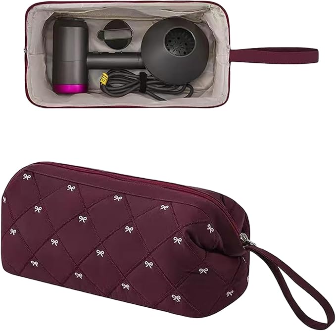 Large Quilted Hair Tools Travel Bag with Bow Pattern,Waterproof Hair Styling Accessories Storage Case for Shark FlexStyle, Dyson Airwrap Hair Dryer, Curling Iron, Revlon Hair Tools(Wine Red)
