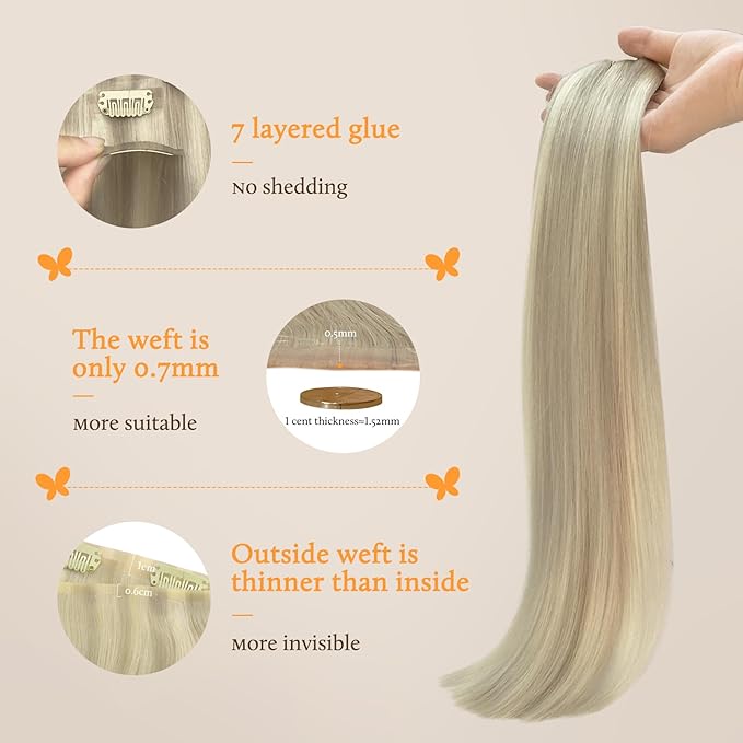 DOORES Clip in Hair Extensions, Real Human Hair, Ash Blonde Highlighted Platinum Blonde, 130g, 7pcs, 16 Inch, Invisible Edge
