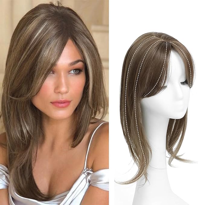UDU Hair Toppers for Women with Thinning Hair - Synthetic Fiber Highlights, Ash Brown, Multi-layer Long Straight & Wavy Clip in Wiglets with Fringe Bangs