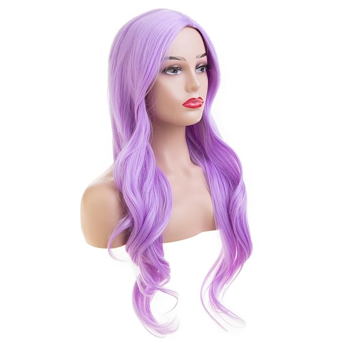 Baruisi Long Curly Wavy Purple Wigs for Women Side Part Natural Looking Cosplay Synthetic Heat Resistant Replacement Wig