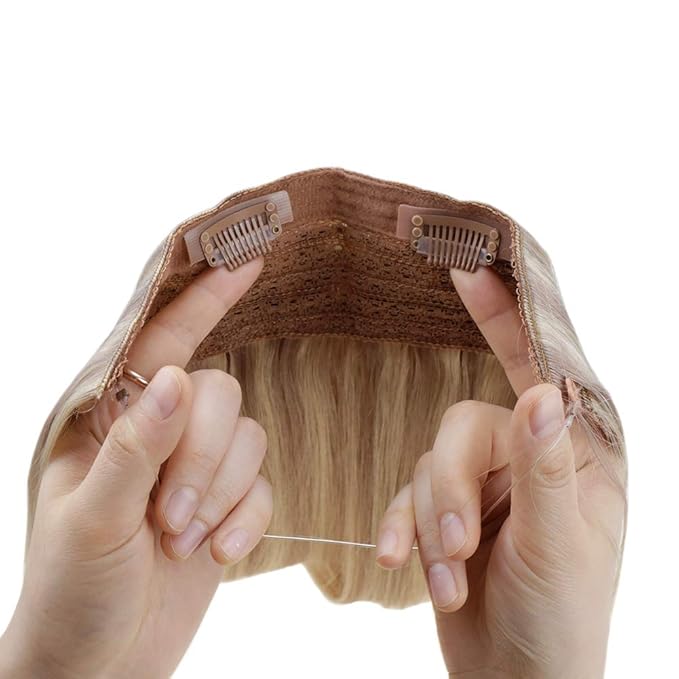 RUNATURE Invisible Wire Hair Extensions Real Human Hair, Blonde Hair Extensions with Transparent Fish Wire, Natural Looking Remy Hair for Women, 20 Inch 100g #18P613 Sandy Blonde HIghlights