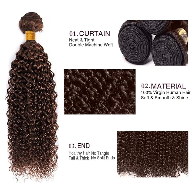 28 30 32 Inch Brown Human Hair Bundles Color 4 Kinky Curly Bundles Unprocessed Peruvian Virgin Remy Hair Extensions Double Weft Brown Curly Bundles
