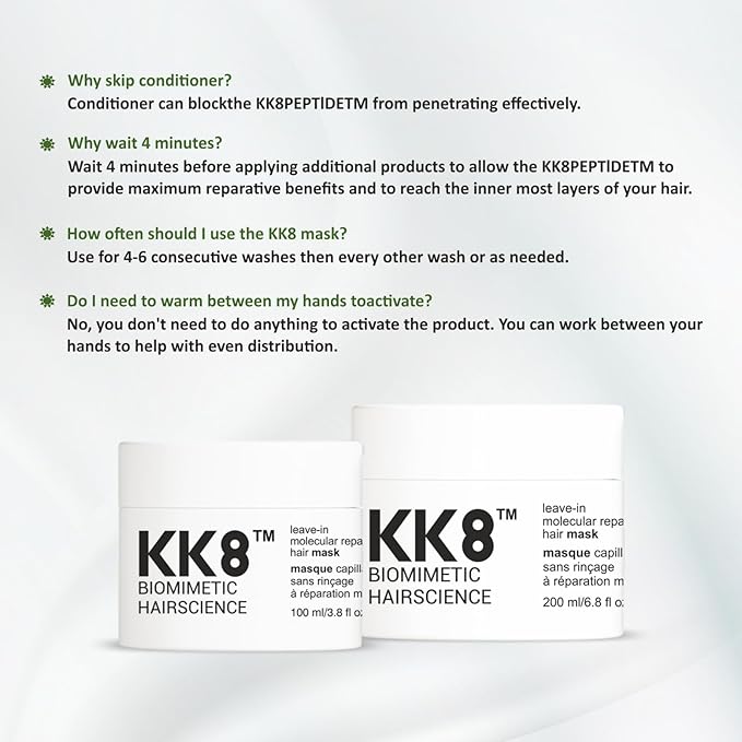 KK8 Biomimetic Hairscience Leave-In Molecular Hair Mask, Professional Repair Treatment for Damaged & Color-Treated Hair, 3.8 fl oz