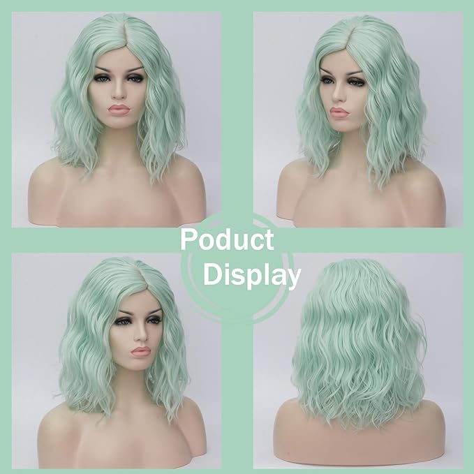 BUFASHION 14" Women Short Mint Green Kinky Straight Cosplay Synthetic Wigs With Air Bangs 46 Colors Available (Mint Green)